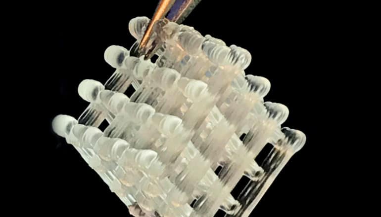 A pair of tweezers hold a opaque lattice of hydrogel that forms a cube shape