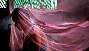 A man sits on a bed under a pink mosquito net