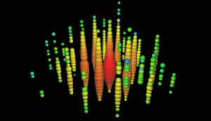 rainbow-colored columns of orbs