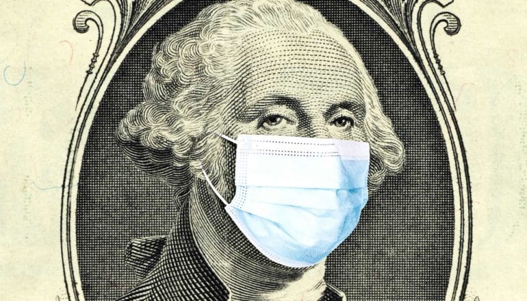 George Washington on the dollar bill wears a medical mask