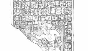 drawing of Maya tablet with square symbols and figure with raised arm and decorative waistband