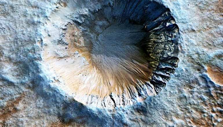 A large crater on the surface of Mars