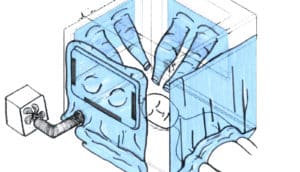 A drawing of the respiratory isolation box, with blue curtains isolating the patient but also pumping air in through tubes.