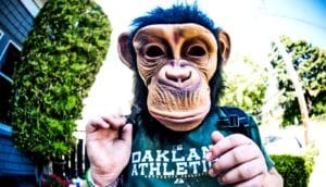 A person wears a monkey mask outside on a suburban street