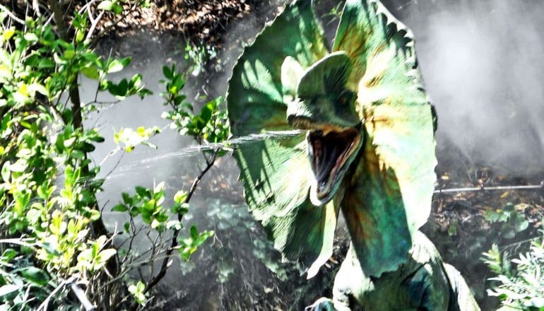 The version of dinosaur Dilophosaurus seen in the movie Jurassic Park (with a long neck, wide neck frills, and spitting corrosive venom) from the Universal Studios Hollywood