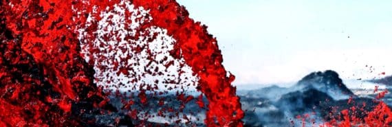 Bright red magma pours from a volcano