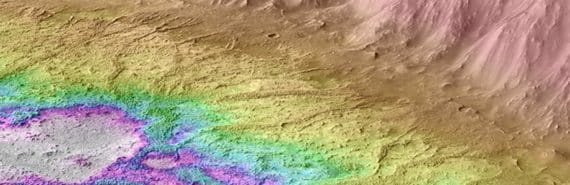 The crater on Mars is colored to show where water gathered at its bottom