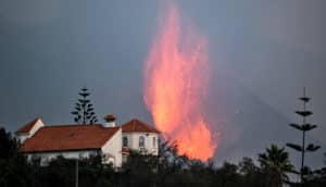 fiery plume behind trees and building