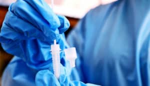 A nurse swirls a nasal swab in a small plastic container while wearing blue gloves