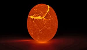 A cracked eggshell glows red against a black background