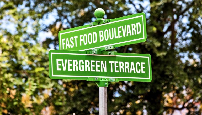signs on post say "fast food boulevard" and "evergreen terrace"