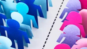 dotted line divides pink and blue paper dolls