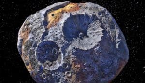 An artist's interpretation of asteroid 16 Psyche moving through space