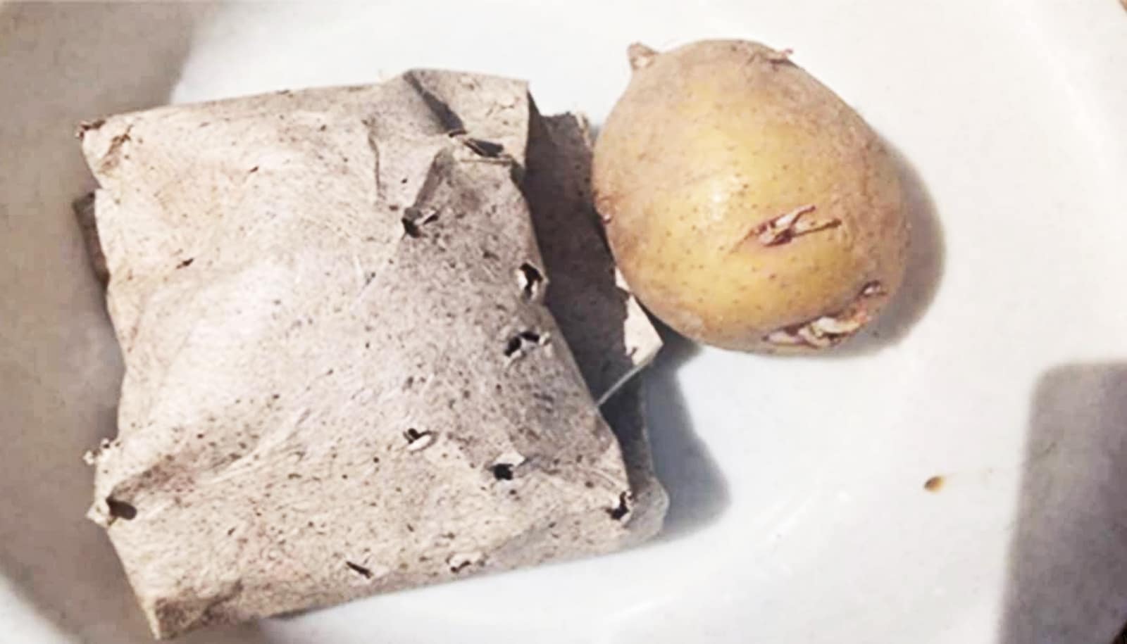 paper package with holes next to potato in dish