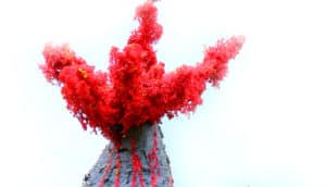 A model of a volcanic explosion against a white background.