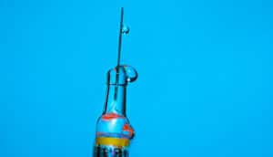A syringe drips liquid while against a blue background.
