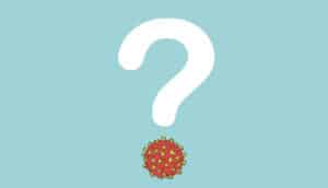 A question mark in white with the dot replaced by an image of the SARS-CoV-2 virus.