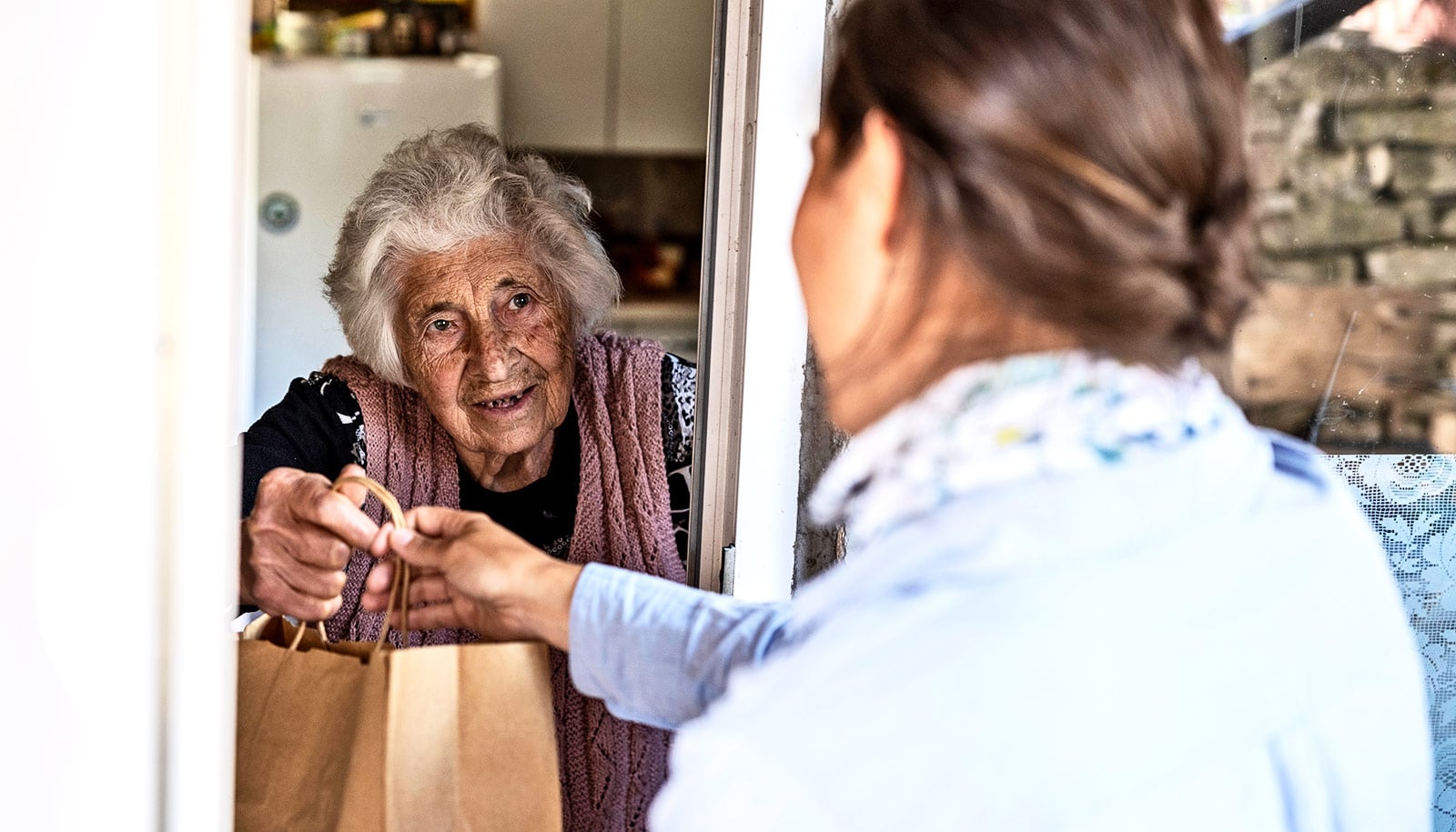 A woman delivers a meal to an elderly woman at home.