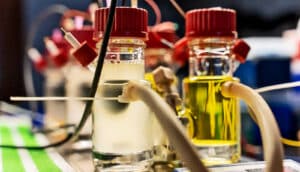The dark puck-like sensors sit in tubes filled with different liquids.