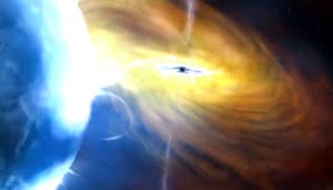 Yellow light swirls around the black hole on the right of the image while a star in the foreground shines blue and white.