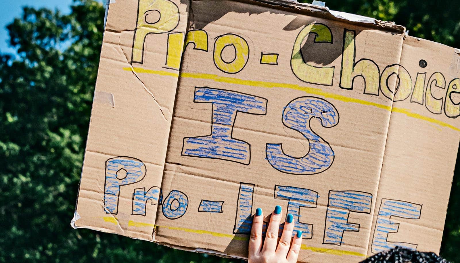 cardboard sign says "pro-choice is pro-life"