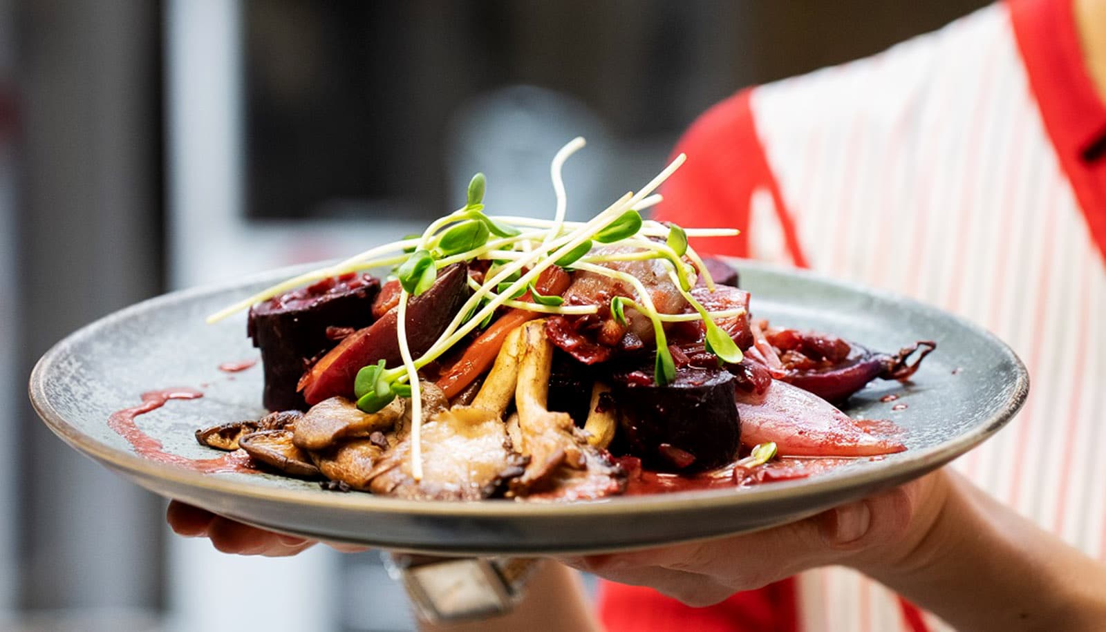 hands hold plate of food, including beets and sprouts