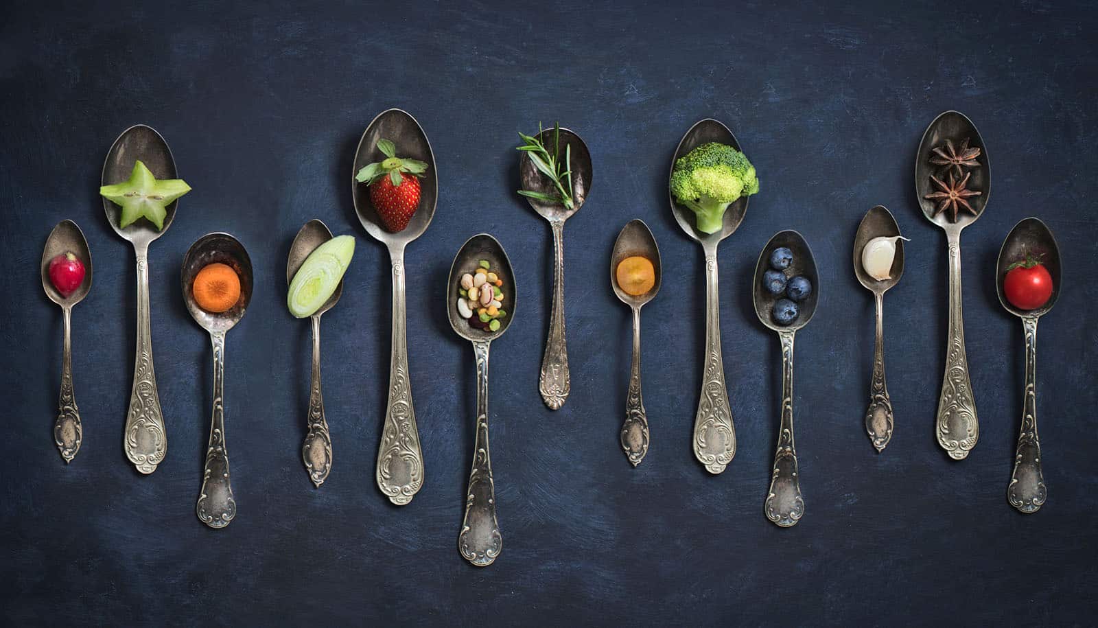 13 spoons hold variety of fruits, vegetables