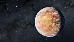 A reddish orange planet in space in the foreground and a distant blue planet in the background.