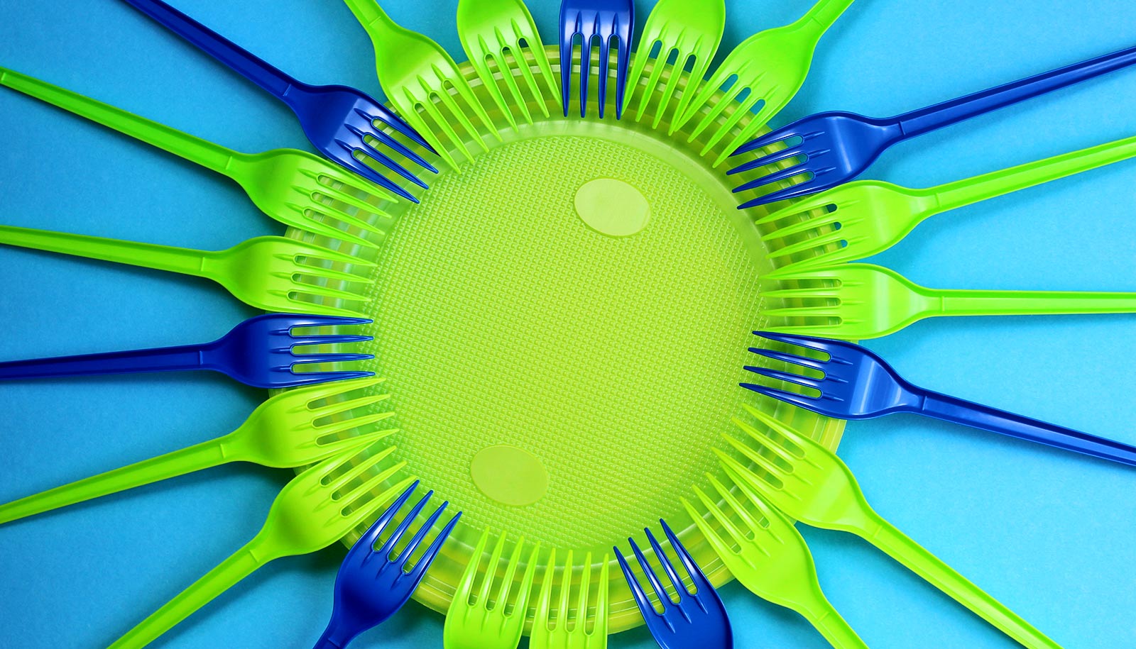 A sun shape made from green and blue plastic forks and a green plastic plate.