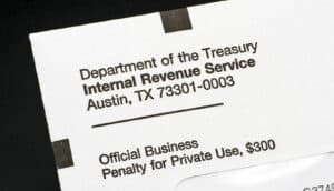 return address on envelope says "Department of the Treasury Internal Revenue Service Austin, TX 73301-0003 Official Business Penalty for Private Use, $300