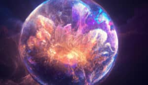 The spherical explosion looks purple, blue, and orange against a black background.