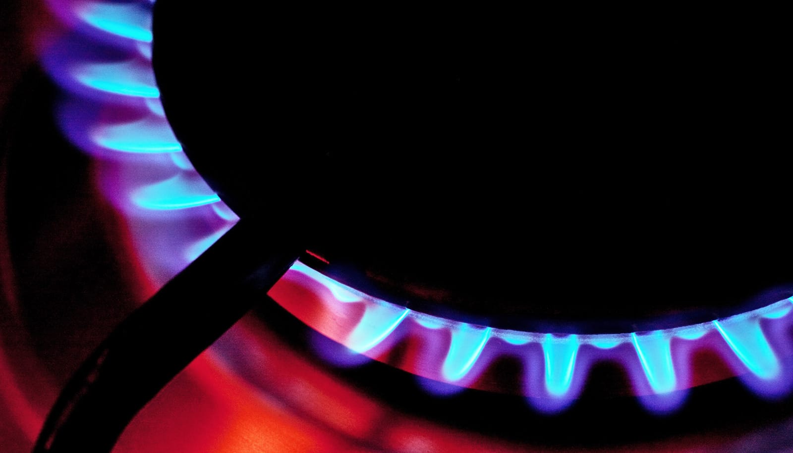 A gas stove burner with blue flames coming out of it.