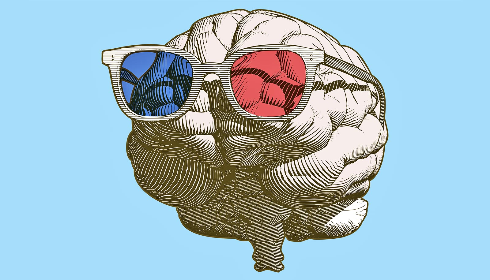 A drawing of a brain wearing glasses with one red lens and one blue lens.
