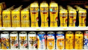 cans of japanese beer on shelves