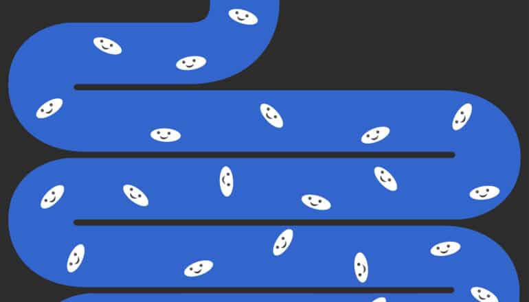 illustration of smiley-face ovals in folded blue tube