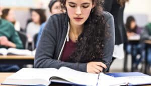 A young woman in a classroom looks down at a textbook.