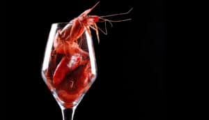 A glass filled with bright red shrimp.