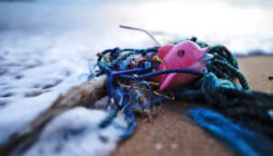 A plastic dolphin among other trash on a beach.