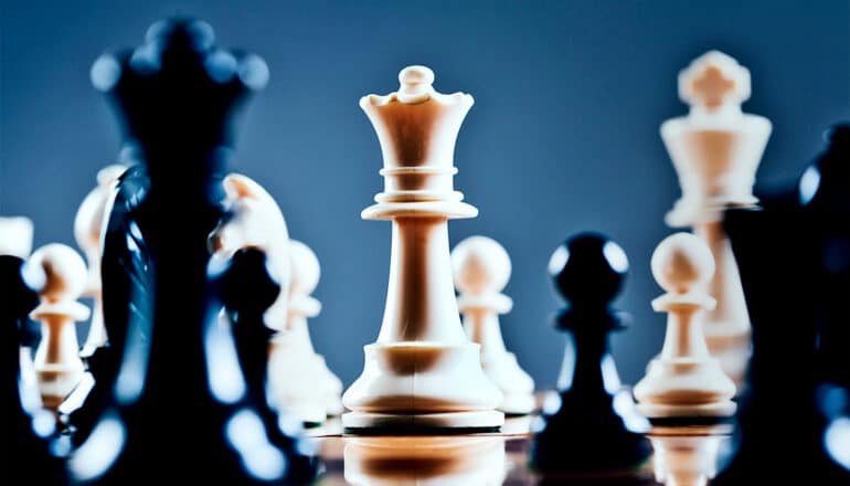 Chess pieces around a queen piece.