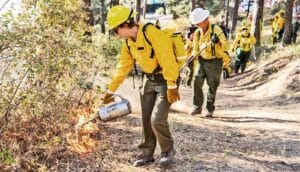 A group in protective gear walk through a forest as a person in the front of the group tends a small fire.