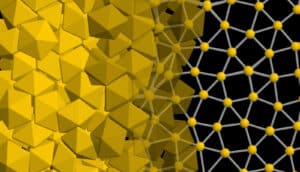 decahedra packing together into a quasicrystalline structure on the left, with a diagram of the structure