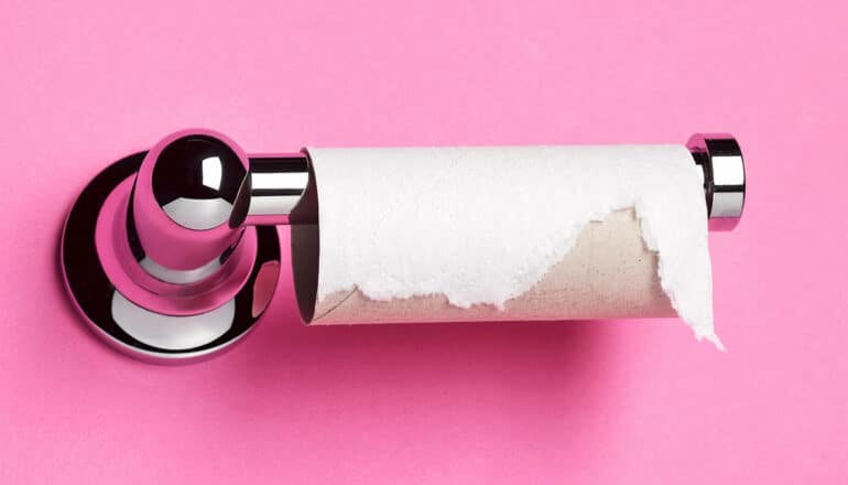 An empty roll of toilet paper on a holder on a pink wall.