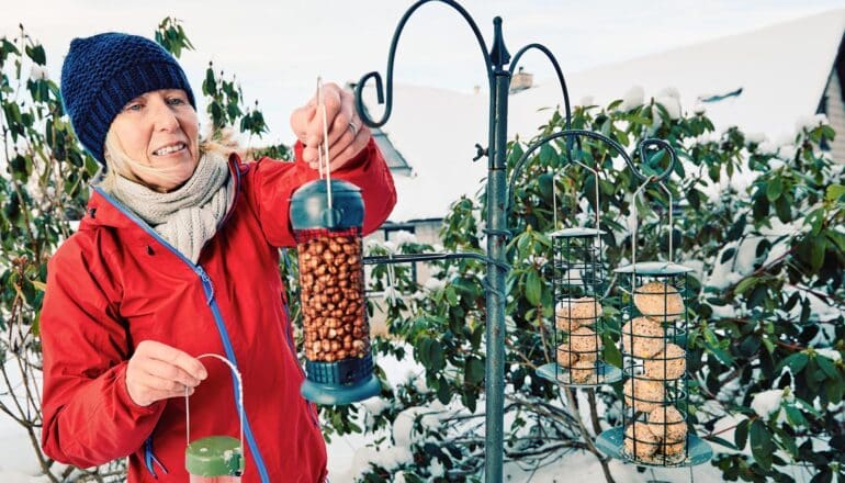 person fills bird feeders outdoors in winter