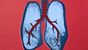 Lungs painted on a red wall.