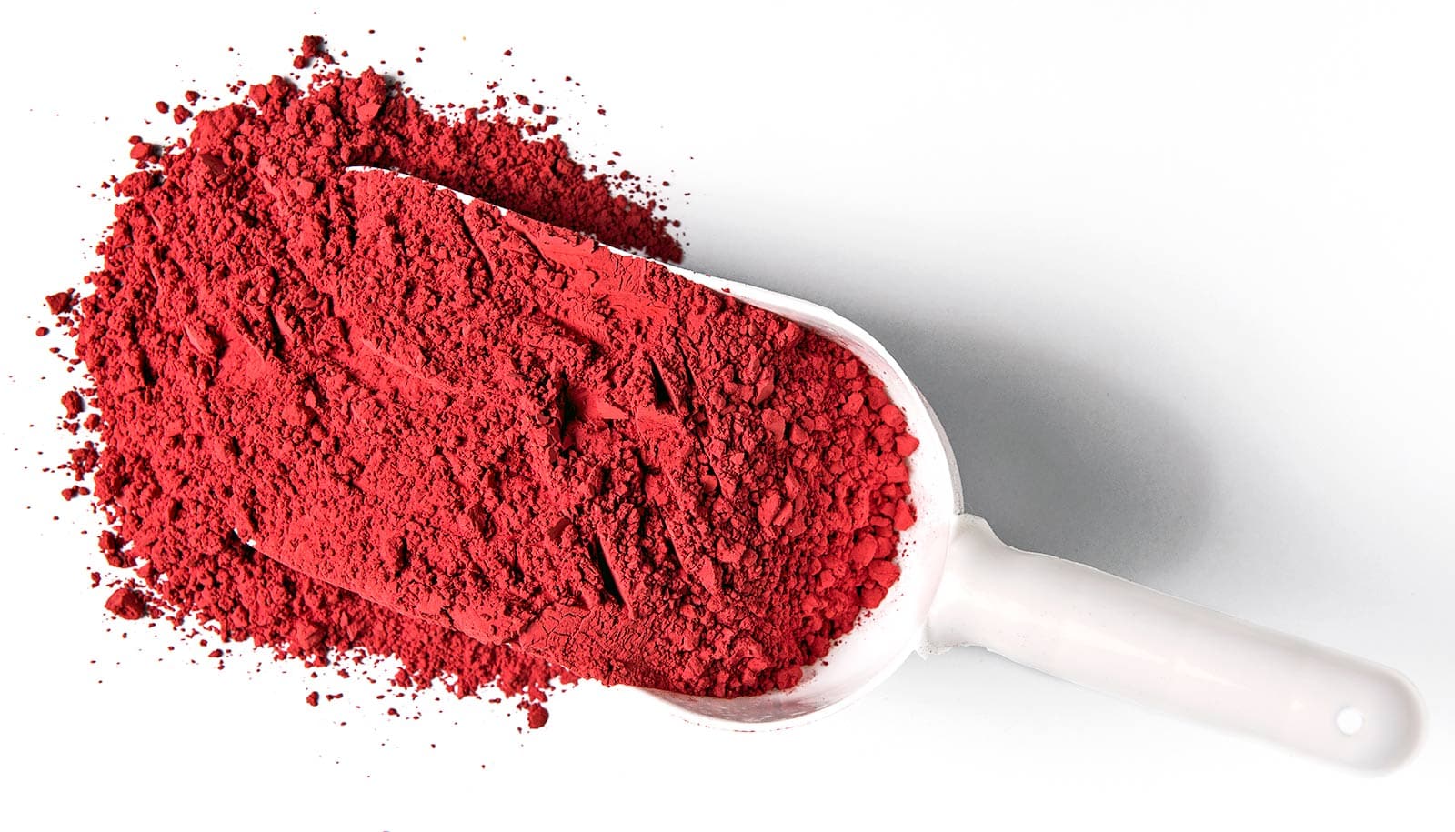 A scoop of red dust in a white shovel.
