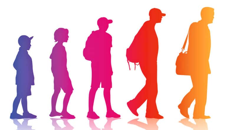 A series of colorful silhouettes showing a man growing up.