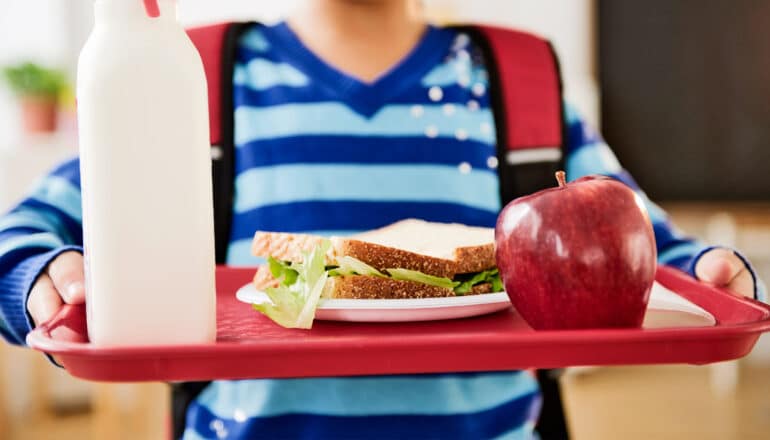 A young student carrying a lunch tray with milk, a sandwich, and an apple on it.