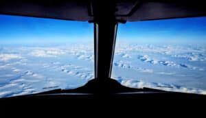 A view of Antarctica's McMurdo Dry Valleys from the cockpit of a plane.