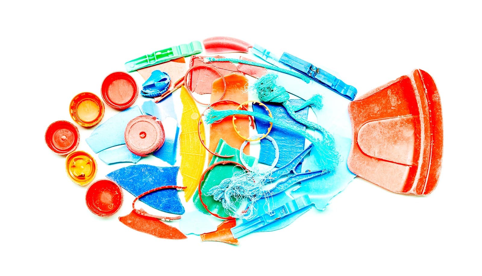 Many pieces of plastic trash arranged in the shape of a fish on a white background.