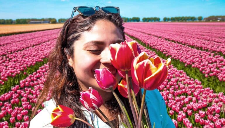 A woman stands in a field of pink tulips and smells a bouquet of tulips in the foreground.